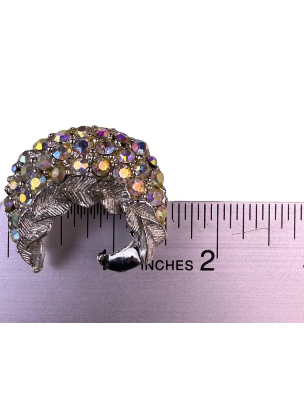 Vintage Womens Multi-Color Metal Rhinestone Crescent Leaf Brooch